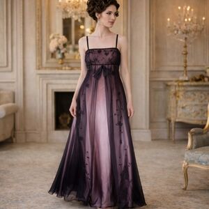 Y2k Vtg Bridgerton Purple Ombre Lace/Beads Empire Silky Slip Fairy Gown Sz 10